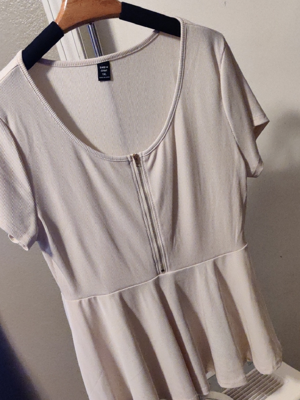 SHEIN Curve Light Beige Ribbed Zip-Front Top Peplum